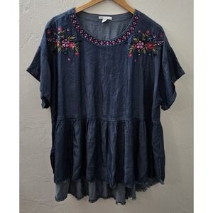 Cato Top  Womens Size 18/20 Blue Floral Embroidered Hi Lo Boho Cuffed Sleeve Top